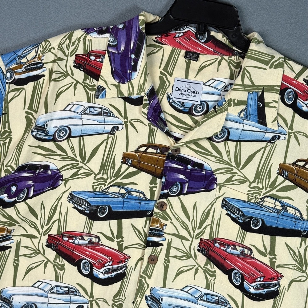 David Carey Originals Hawaiian Camp Shirt Classic Cars Men 2XL Button Up Cream
